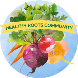 Healthy Roots Community logo featuring root vegetables